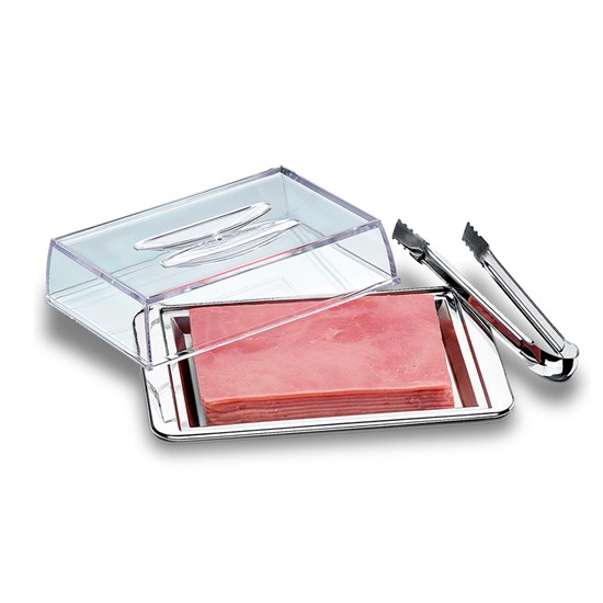 Imagem PORTA FRIOS LYON EMPILHÁVEL COM PINÇA EM AÇO INOX 4X20X13 CM - BRINOX 