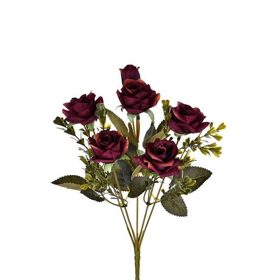Imagem BUQUÊ DECORATIVO DE ROSA COR BURGUNDY COM FOLHAS VERDE EM PLÁSTICO MOLDÁVEL - GRILLO