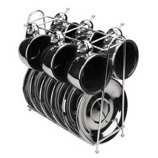 Imagem CONJUNTO COM 6 XÍCARAS 90ML DE PORCELANA PRATA/PRETO PARA CAFÉ COM PIRES COM SUPORTE WOLFF