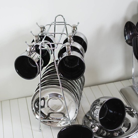 Imagem CONJUNTO COM 6 XÍCARAS 90ML DE PORCELANA PRATA/PRETO PARA CAFÉ COM PIRES COM SUPORTE WOLFF