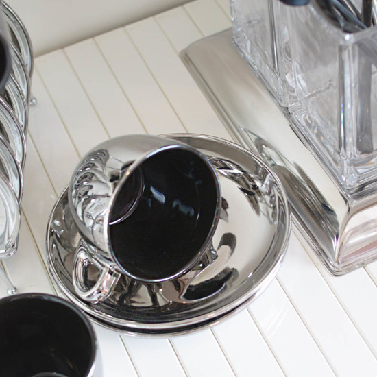 Imagem CONJUNTO COM 6 XÍCARAS 90ML DE PORCELANA PRATA/PRETO PARA CAFÉ COM PIRES COM SUPORTE WOLFF