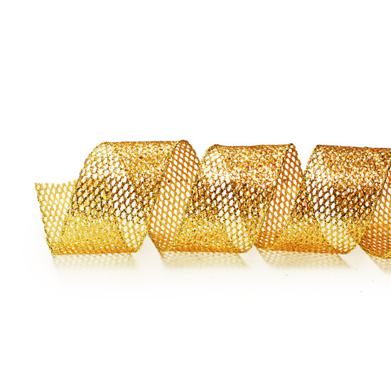 Imagem FITA DECORATIVA ARAMADA DOURADA COM GLITTER EM POLIÉSTER 6,3CM X 9,14M - CROMUS