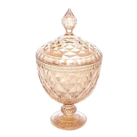 Imagem POTICHE DECORATIVO COM PÉ DE CRISTAL DE CHUMBO DIAMOND AMBAR 15X28CM - LYOR