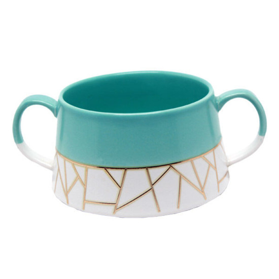 Imagem CACHEPOT DECORATIVO DE CERÂMICA GEOMÉTRICO COM ALÇA VERDE/DOURADO 350ML