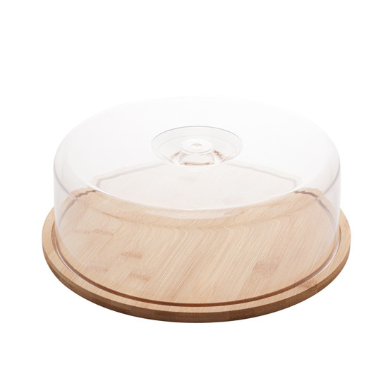 Imagem PRATO PARA BOLO DE BAMBU COM TAMPA DE PLASTICO 28X28X9 CM - LYOR