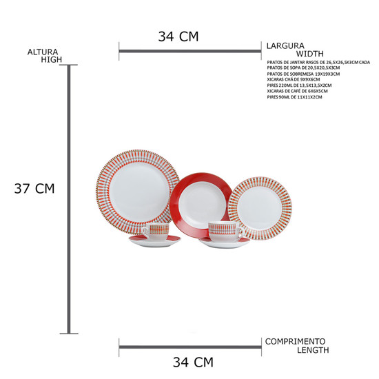 Imagem APARELHO DE JANTAR COLORADO 42 PEÇAS PORCELANA VERMELHO - LYOR