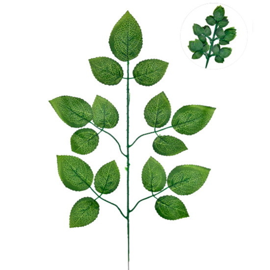 Imagem HASTE DECORATIVA DE FOLHAS DE ROSEIRA VERDE EM PLÁSTICO MOLDÁVEL 45X21CM - GRILLO