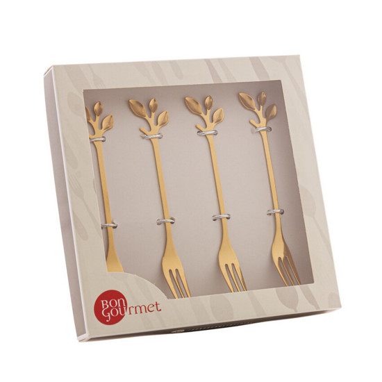 Imagem CONJUNTO 4 GARFOS DE AÇO INOX PARA APERITIVO LEAVES DOURADO 12CM