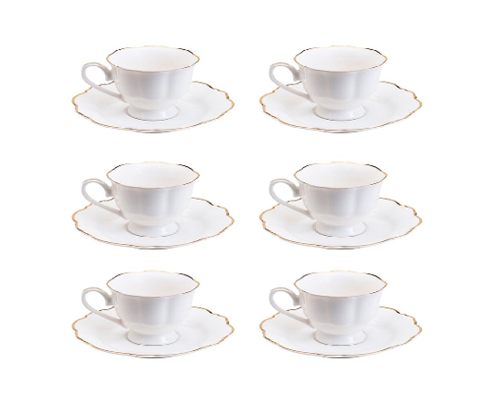 Imagem CONJUNTO 06 XÍCARAS PARA CAFÉ EM PORCELANA COM PIRES MALDIVAS BRANCO E FIO DOURADO - WOLFF