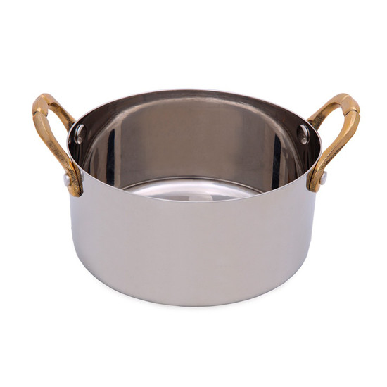 Imagem MINI CAÇAROLA RODANDA PARA SERVIR EM INOX COM ALÇA DOURADA 12X15X6CM - MIMO 