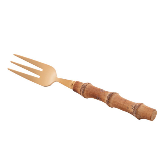 Imagem CONJUNTO 4 GARFOS DE BOLO DE AÇO INOX COM CABO DE BAMBU TULUM DOURADO 16CM - WOLFF