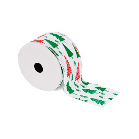 Imagem FITA ARAMADA DECORADA COM ÁRVORES COR BRANCO, VERDE E VERMELHO 6,3CM X 9,14 METROS - GRILLO 53935