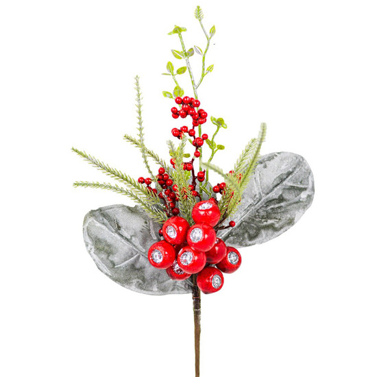 Imagem HASTE DECORATIVA DE BERRIES VERMELHAS E FOLHAGEM VERDE 37CM - GRILLO