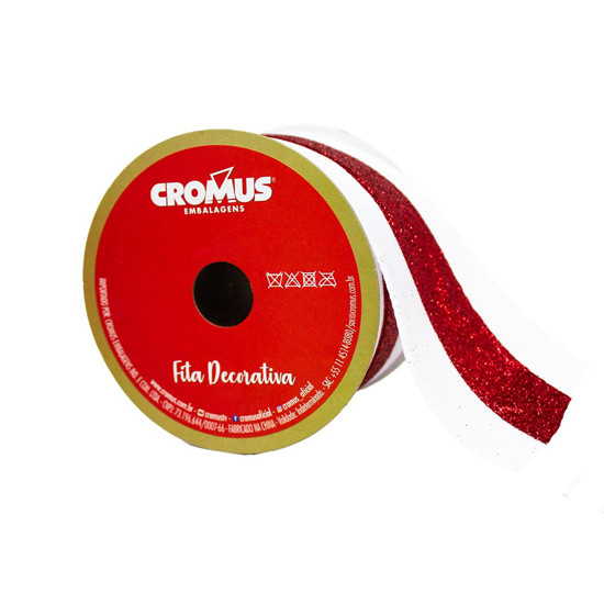 Imagem FITA NATALINA COR BRANCO COM LINHA VERMELHA E GLIUTTER 6,3CM X 9,14 METROS - CROMUS 
