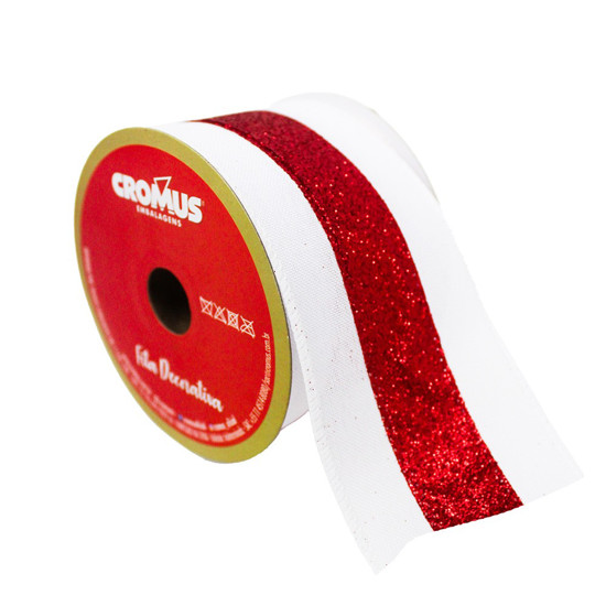 Imagem FITA NATALINA COR BRANCO COM LINHA VERMELHA E GLIUTTER 6,3CM X 9,14 METROS - CROMUS 