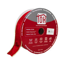 Imagem de FITA NATALINA DECORATIVA COR VERMELHO COM DOURADO 3,8CM X 9,14 METROS - TOK DA CASA  - Oliver Comercio E Distribuicao De Artigo Domestico