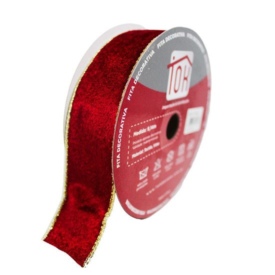 Imagem FITA NATALINA DECORATIVA COR VERMELHO COM DOURADO 3,8CM X 9,14 METROS - TOK DA CASA 