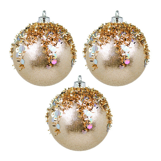 Imagem JOGO DE BOLA NATALINA DE PLÁTICO COR CHAMPANHE 3 PEÇAS DE 8 CM - GRILLO 