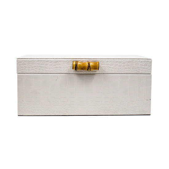 Imagem CAIXA DECORATIVO EM MADEIRA COM REVESTIMENTO EM PU BRANCO E BAMBU M 11X26X17CM - LUCATTI 