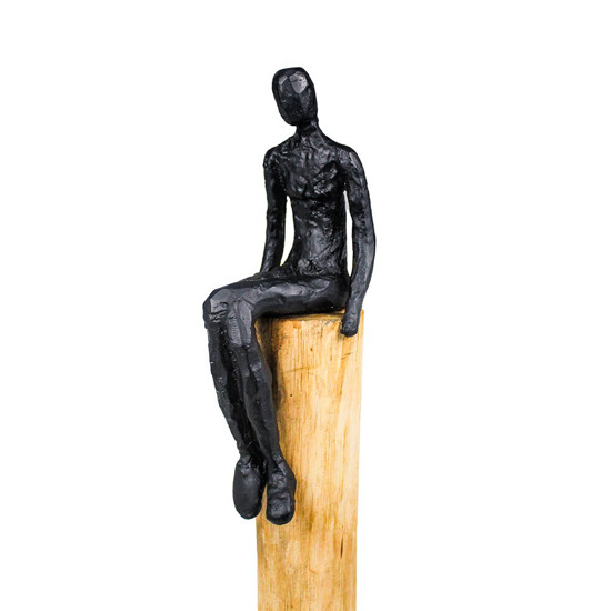 Imagem ESCULTURA DECORATIVA PESSOA SENTADA EM MADEIRA E RESINA PRETO M 68X10X14CM - LUCATTI 