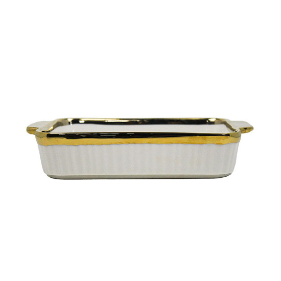 Imagem TRAVESSA PARA SERVIR DE CERÂMICA COM ALÇA COR BRANCO COM DOURADO 37,5X22X7CM - GRILLO 55086