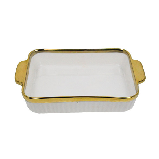 Imagem TRAVESSA PARA SERVIR DE CERÂMICA COM ALÇA COR BRANCO COM DOURADO 37,5X22X7CM - GRILLO 55086