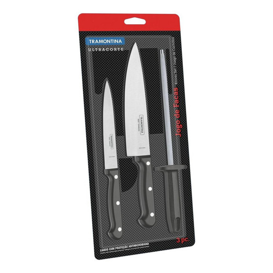 Imagem JOGO DE FACAS COM CHAIRA TRAMONTINA ULTRACORTE COM LÂMINAS EM AÇO INOX E CABOS DE POLIPROPILENO PRET