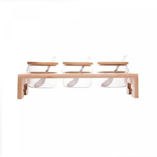 Imagem CONJUNTO 3 PORTA TEMPEROS DE VIDRO BOROSSILICATO COM TAMPA E SUPORTE DE BAMBU 230ML - WOLFF