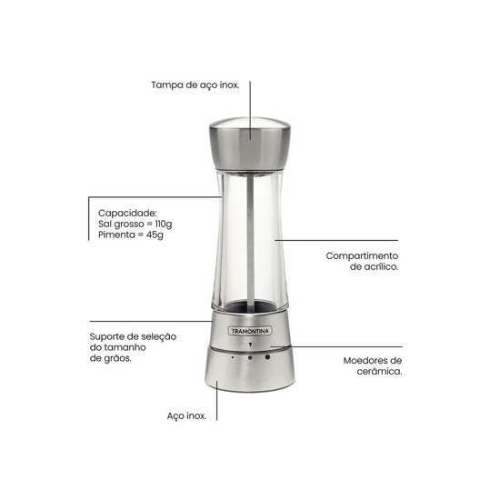 Imagem MOEDOR DE SAL OU PIMENTA TRAMONTINA EM AÇO INOX E ACRÍLICO COM MOINHO EM CERÂMICA