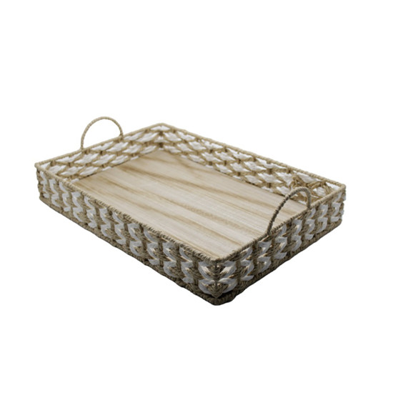 Imagem BANDEJA RETANGULAR PALHA COLOR CESTARIA COM ALÇA 48X32X13CM COR BRANCO COM NATURAL