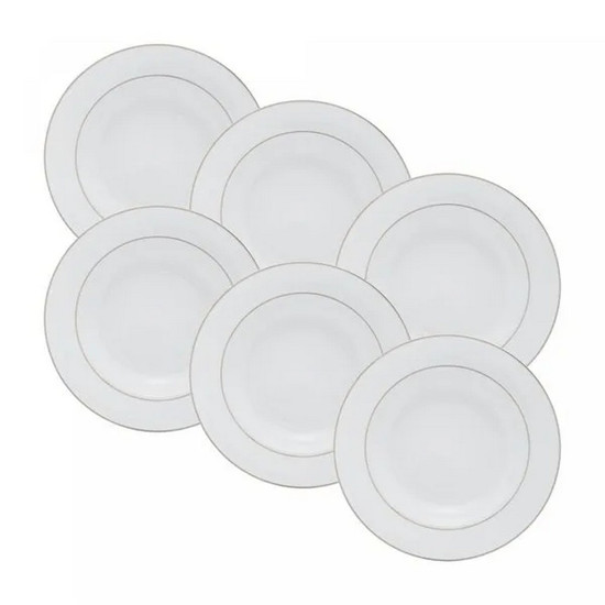 Imagem CONJUNTO 6 PRATOS FUNDOS DE PORCELANA COM BORDA PRATEADA MÔNACO BRANCO 21,5CM X 3,5CM