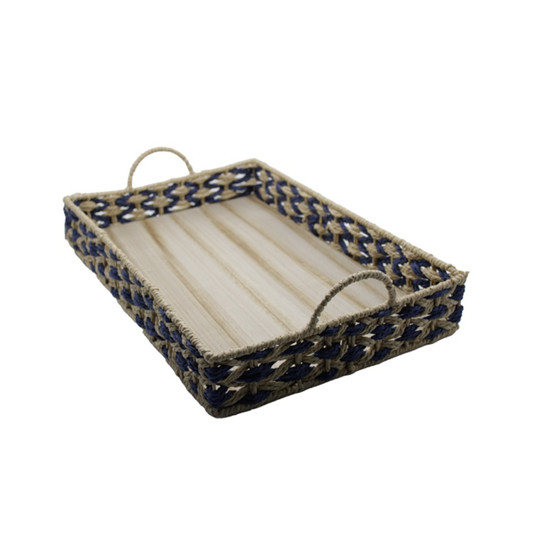 Imagem BANDEJA RETANGULAR PALHA COLOR CESTARIA COM ALÇA 48X32X13CM COR AZUL COM NATURAL