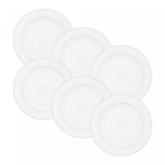 Imagem CONJUNTO 6 PRATOS RASOS DE PORCELANA COM BORDA PRATEADA MÔNACO BRANCO 27CM X 2,5CM