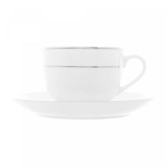 Imagem CONJUNTO 6 XÍCARAS DE CHÁ DE PORCELANA COM PIRES E BORDA PRATEADA MÔNACO BRANCO 220ML 