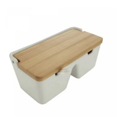 Imagem de SALEIRO DE MESA COM 2 DIVISÓRIAS DE CERÂMICA E TAMPA DE BAMBU E COLHER BIANCO 19CM X 9CM - Coliseu Presentes Ltda