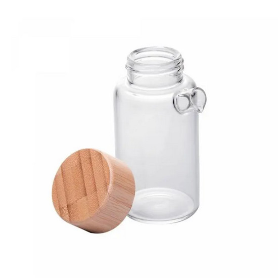 Imagem CONJUNTO 2 GALHETEIROS DE VIDRO BOROSSILICATO COM TAMPA E SUPORTE DE BAMBU 170ML
