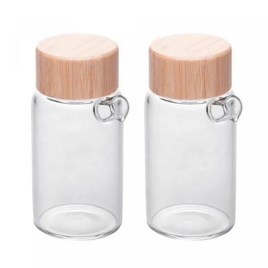 Imagem CONJUNTO 2 GALHETEIROS DE VIDRO BOROSSILICATO COM TAMPA E SUPORTE DE BAMBU 170ML