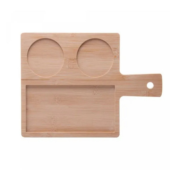 Imagem CONJUNTO 6 PEÇAS PETISQUEIRAS DE VIDRO COM COLHER E BANDEJA DE BAMBU TÁBUA LADRILHO 32X22,5CM