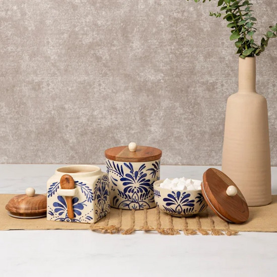 Imagem POTE COM TAMPA E COLHER VERSAILLES NARSCISO EM CERÂMICA ARTESANAL 15X13CM - COPA&CIA 