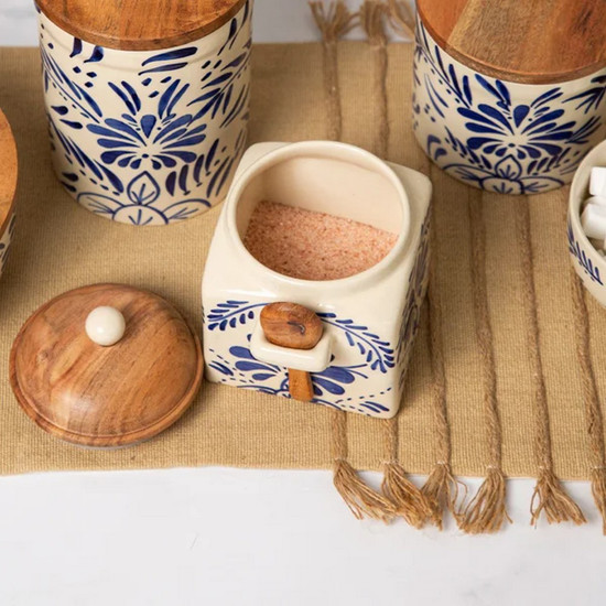 Imagem POTE COM TAMPA E COLHER VERSAILLES NARSCISO EM CERÂMICA ARTESANAL 15X13CM - COPA&CIA 