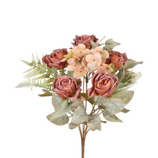 Imagem de BUQUÊ DECORATIVO DE ROSAS E HORTÊNSIA CAFÉ EM PLÁSTICO MOLDÁVEL 33X10 CM - GRILLO - Grillo Ltda