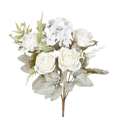 Imagem de BUQUÊ DECORATIVO DE ROSAS E HORTÊNSIA CREME EM PLÁSTICO MOLDÁVEL 33X10 CM - GRILLO - Grillo Ltda