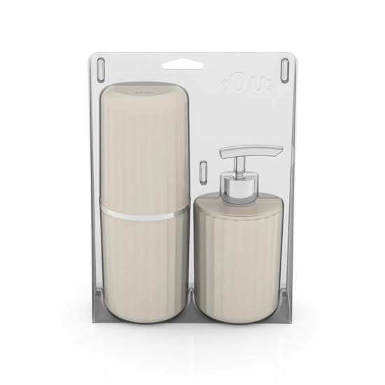 Imagem CONJUNTO DE BANHEIRO GROOVE PORTA ESCOVAS E PORTA SABONETE LÍQUIDO 400ML COR BEGE 