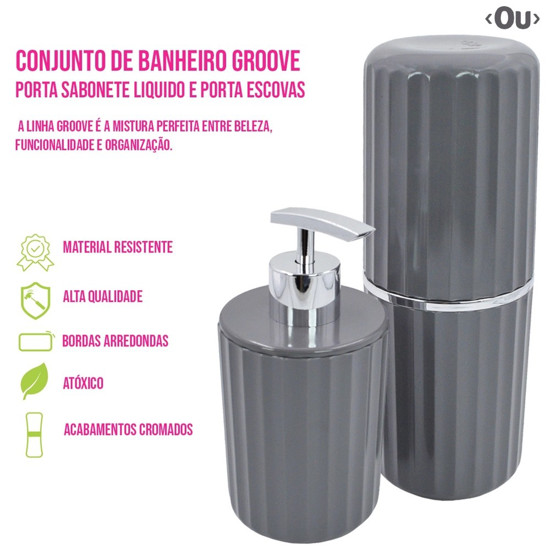 Imagem CONJUNTO DE BANHEIRO GROOVE PORTA ESCOVAS E PORTA SABONETE LÍQUIDO 400ML COR CHUMBO