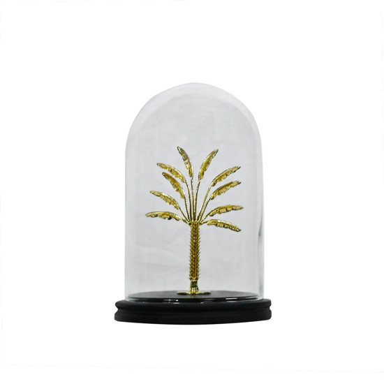 Imagem CÚPULA DE VIDRO DECORATIVA COM PALMEIRA EM RESINA DOURADO  E BASE MADEIRA PRETO 17X17X26CM 