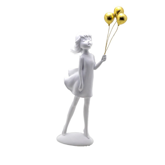 Imagem MENINA DECORATIVA EM RESINA COR BRANCO SEGURANDO BALÕES DOURADO 34CM 