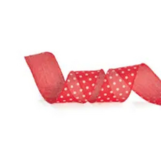 Imagem FITA NATALINA ARAMADA COR VERMELHO COM BOLINHAS BRANCA 3,8CM X 9,14 METROS 