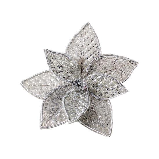 Imagem FLOR POINSÉTIA DECORATIVA COR PRATEADO COM CABO CURTO 35CM - TOK DA CASA