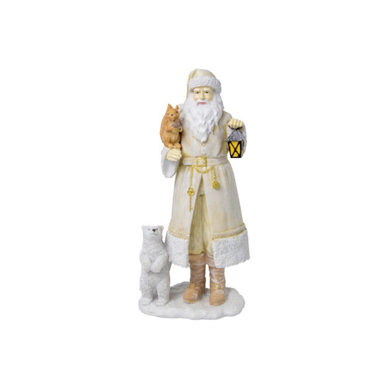 Imagem PAPAI NOEL DECORATIVO EM RESINA COM URSO E CASTOR E LAMPARINA COR BRANCO COM DOURADO 31CM