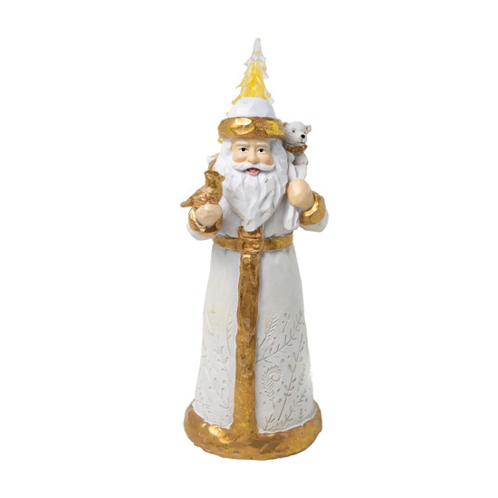Imagem PAPAI NOEL DE RESINA COM LED E MUSICA NATALINA COR BRANCO COM DOURADO 23CM MOVIDO A PILHAS 